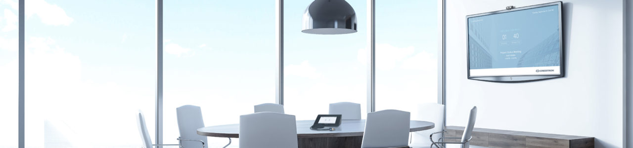 Conference room interior with panoramic city view with round table, white armchairs and tv set on white wall. Concept of board meeting. 3d rendering. Mock up